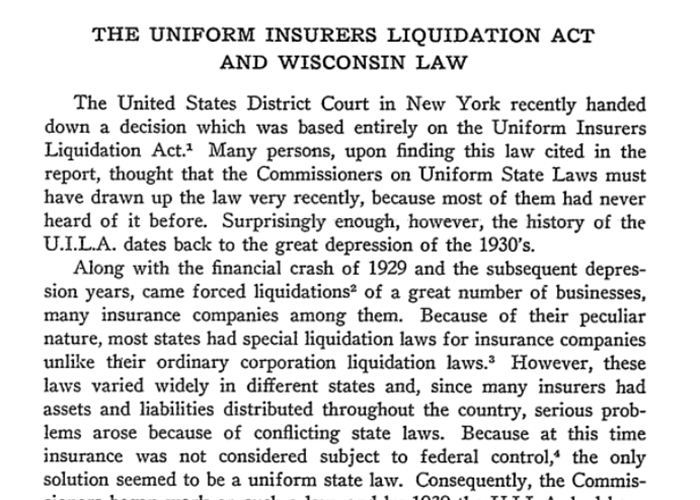 Text screenshot of the Uniform Insurers Liquidation Act and Wisconsin Law