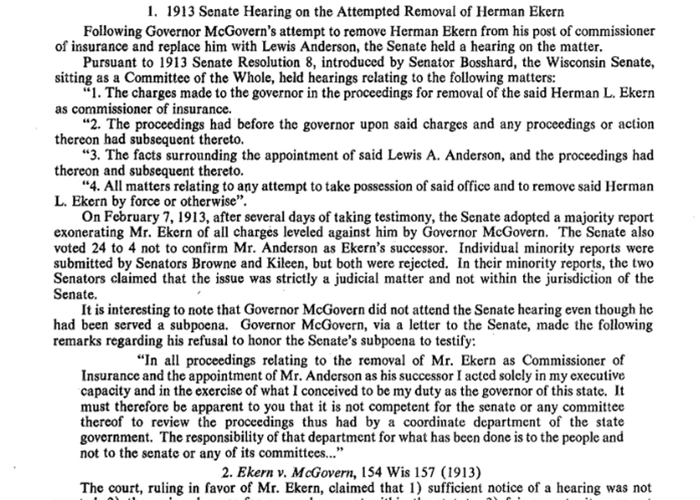 Screenshot of the text from the senate hearing on the attempted removal of Herman Ekern